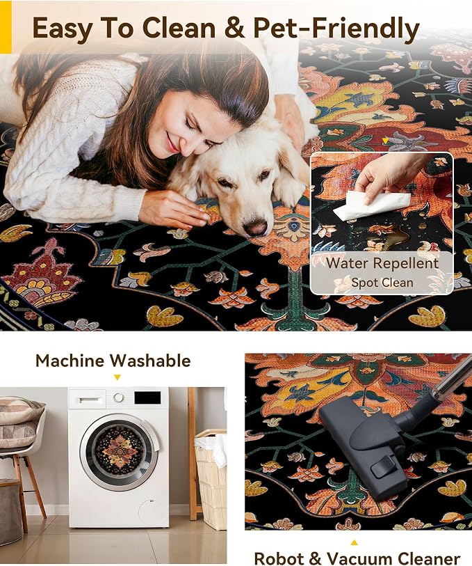 RELEANY Area Rugs Round 10ft Washable Non-Slip, Floral Vintage Distress Print - Image 5