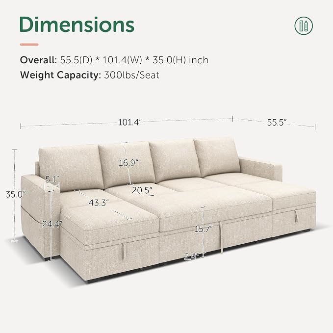 HONBAY Modular Sectional Sleeper Sofa Bed, Sectional Couch - Image 2