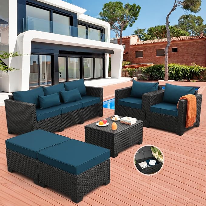 Rattaner Patio Furniture Set 6 Pieces Couch Outdoor Chairs Coffee Table Peacock - Image 3