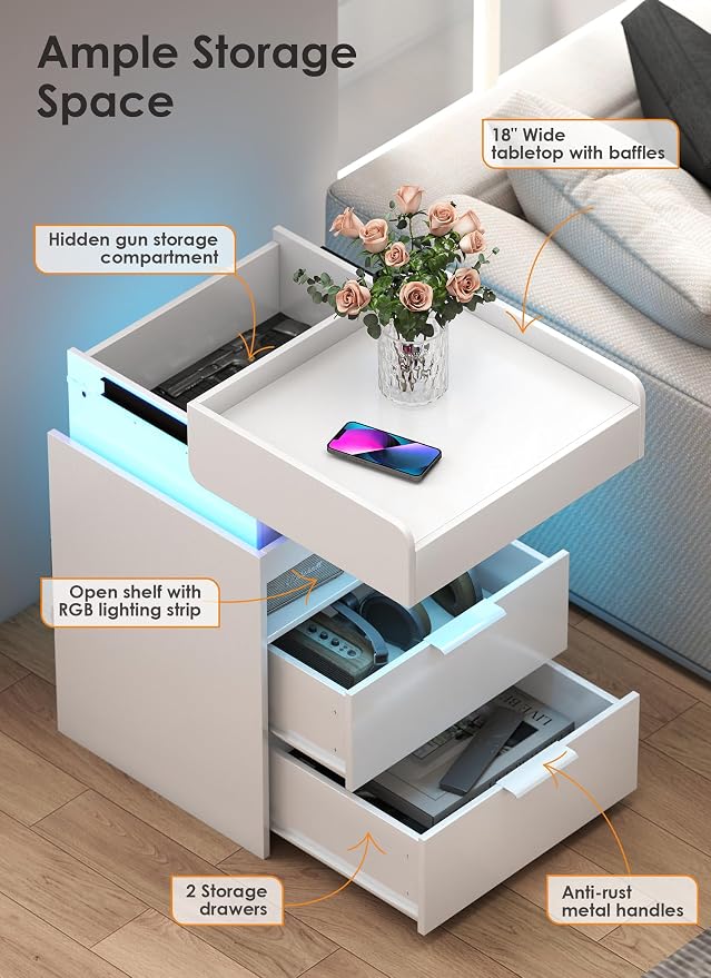 Turosur LED Night Stand with Gun Drawer, Smart Nightstand with Hidden Charging - Image 8
