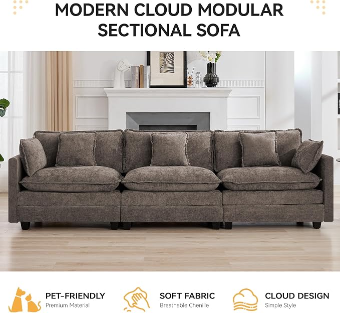 111'' Sectional Cloud Deep Seat Couch, Modern Comfy Chenille Modular Sectional - Image 6