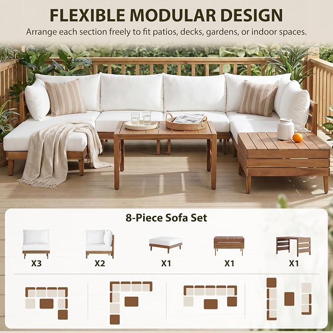 VilroCaz 8-Piece Acacia Wood Outdoor Patio Sofa Set, Modular Sectional - Image 6