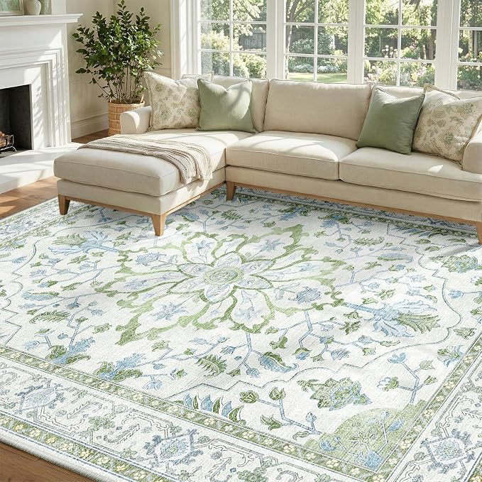 Area Rugs 8'x10' Washable Non-Slip, Floral Vintage Distress Print Pattern by RELEANY