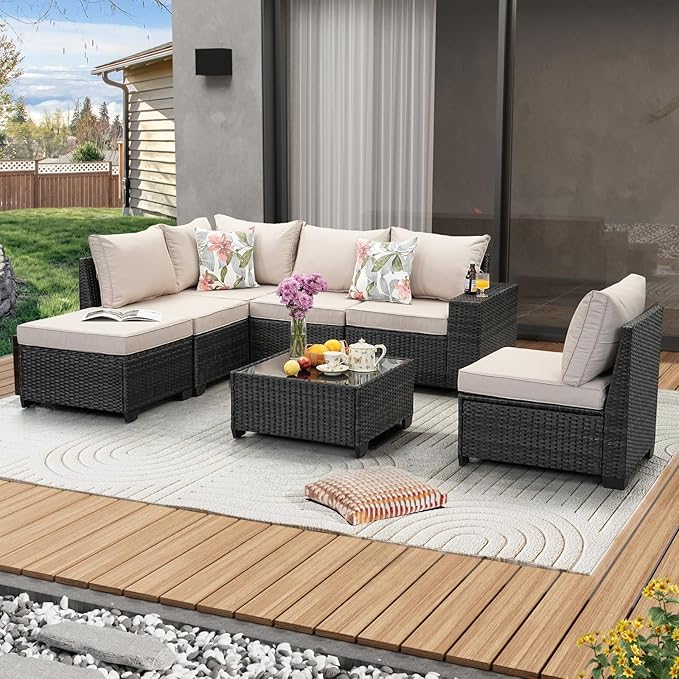JOYURE 7 Pieces Patio Furniture Set All-Weather Outdoor Wicker Sectional by JOYURE