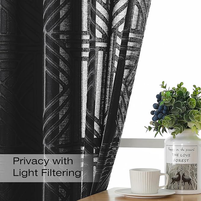 Simplebrand Black Semi Sheer Curtains 54 Inch Length 2 Panels, Geometric - Image 2