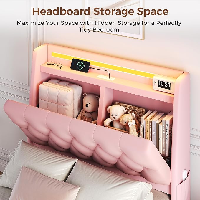 Twin LED Velvet Bed Frame with 2 Storage Drawers&Hidden Headboard, Upholstered - Image 3