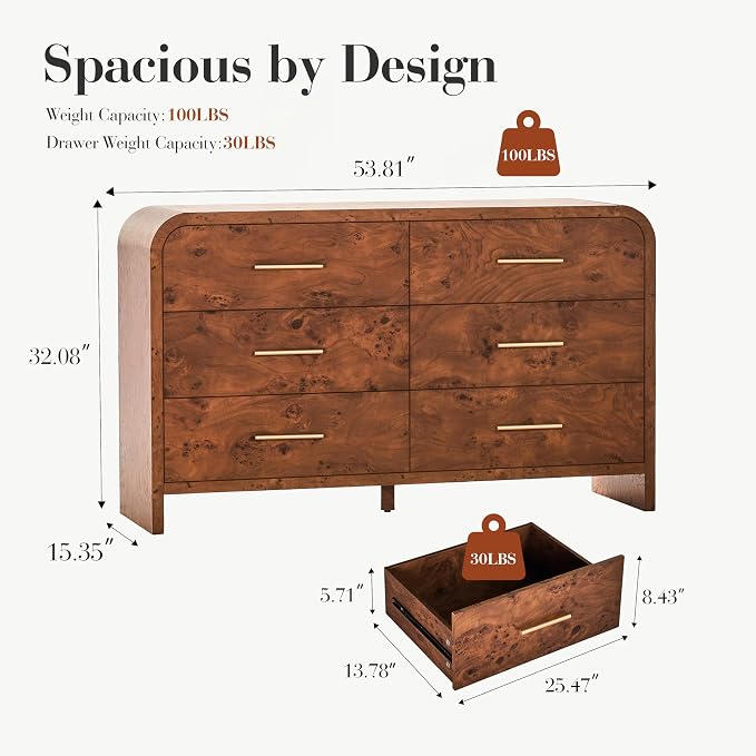 Curved 6-Drawer Dresser for Bedroom, Vanity Desk TV Stand for Living Room - Image 2
