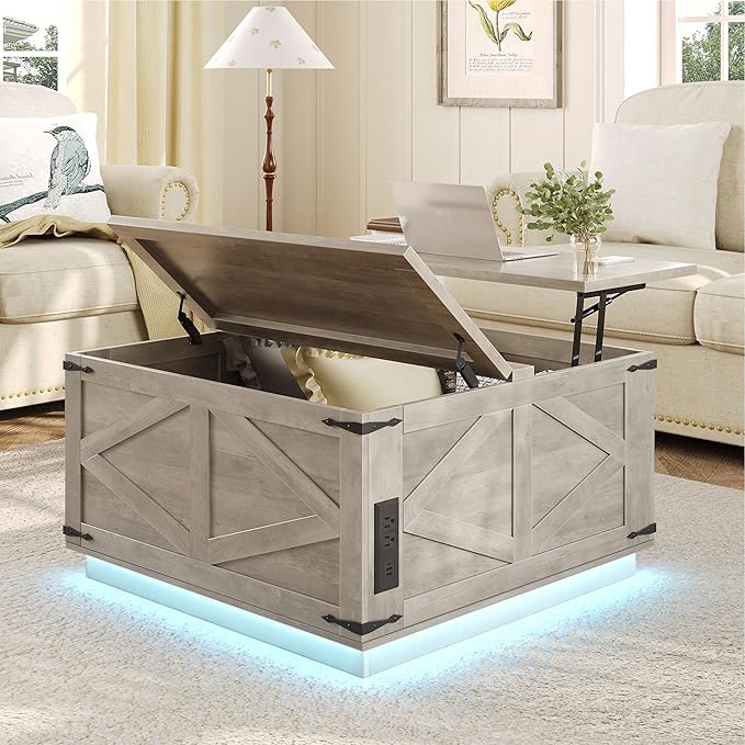 Jocoevol Farmhouse Lift Top Coffee Table, Square Wood Center Table - Image 5