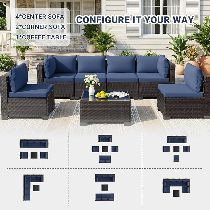 CHABATREE 7pcs Outdoor Patio Furniture Sets, Rattan Conversation Sectional Set - Image 6