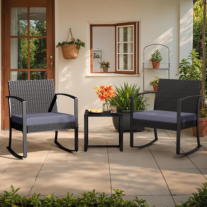 Greesum 3 Pieces Outdoor Furniture Set Patio Bistro Rocking Chairs - Image 6