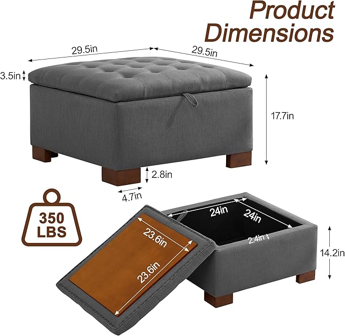WUTUTUEE 30" Fabric Square Storage Ottoman - Image 2