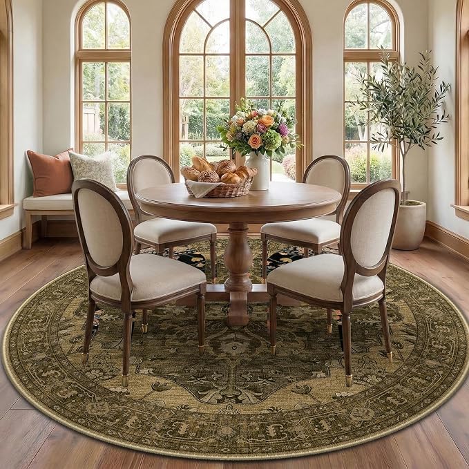 RELEANY Area Rugs Round 7ft Washable Non-Slip, Floral Vintage Distress Print by RELEANY