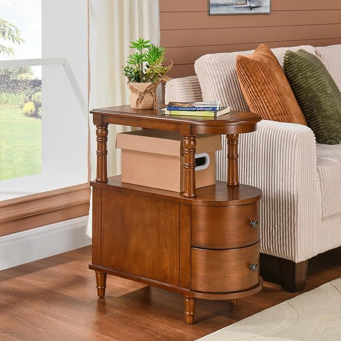 Slim End Table with 2 Storage Drawers, Retro Vintage Sofa Beside Table - Image 7