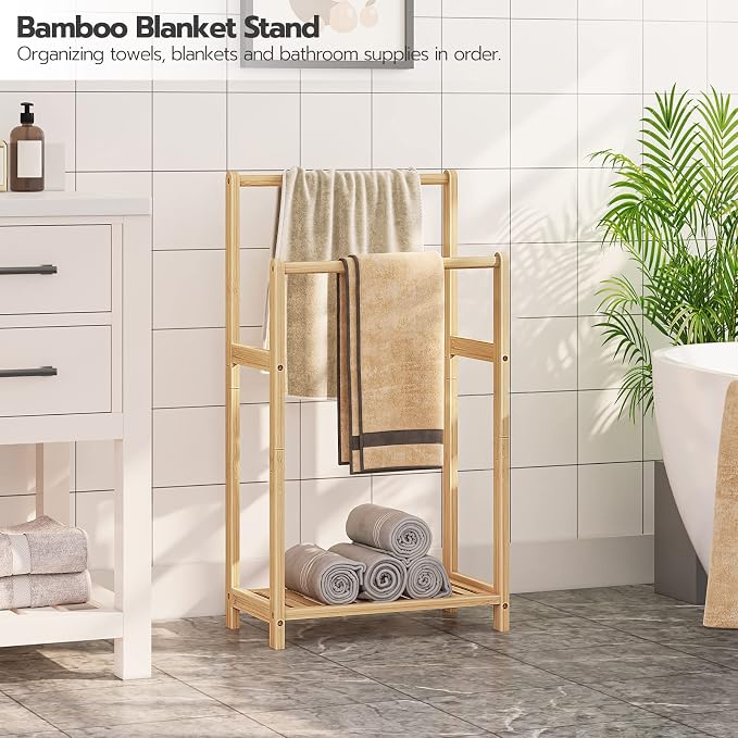 HOOBRO Freestanding Towel Rack for Bathroom, 2 Tier Decorative Bamboo Blanket - Image 9
