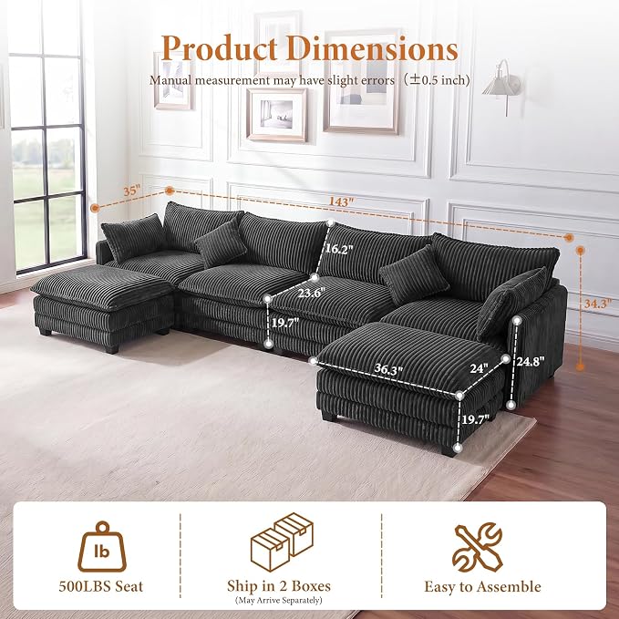 Vesgantti 143" U Shaped Sectional Modular Couch, Comfy Corduroy Upholstered - Image 2