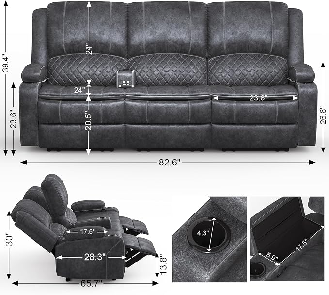 Yolsali Velvet Fabric Recliner Sofa, 3 Seater Manual Reclining Sofa - Image 2