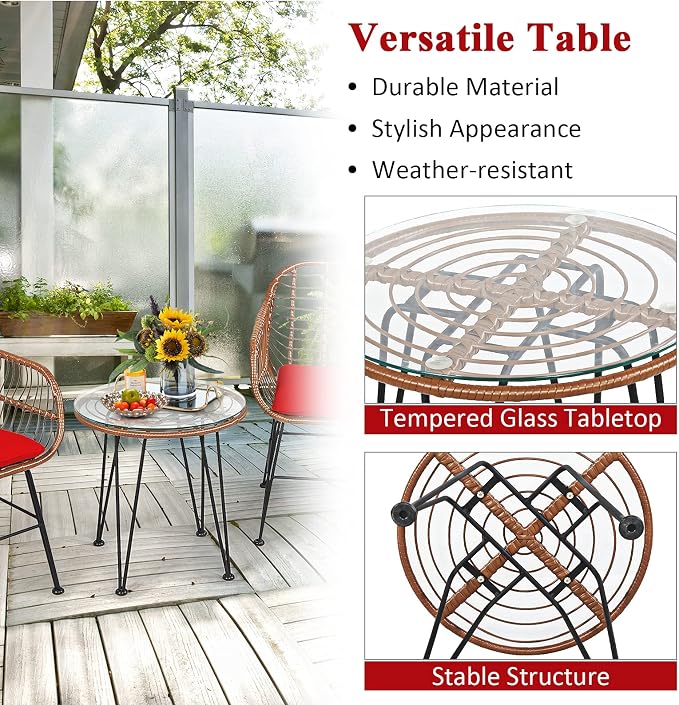 Tangkula 3 Pieces Patio Conversation Bistro Set, Outdoor Wicker Furniture - Image 6