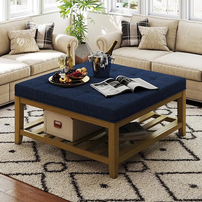 Befurtori Large Square Ottoman Coffee Table, Linen Solid Upholstered Footrest by Befurtori