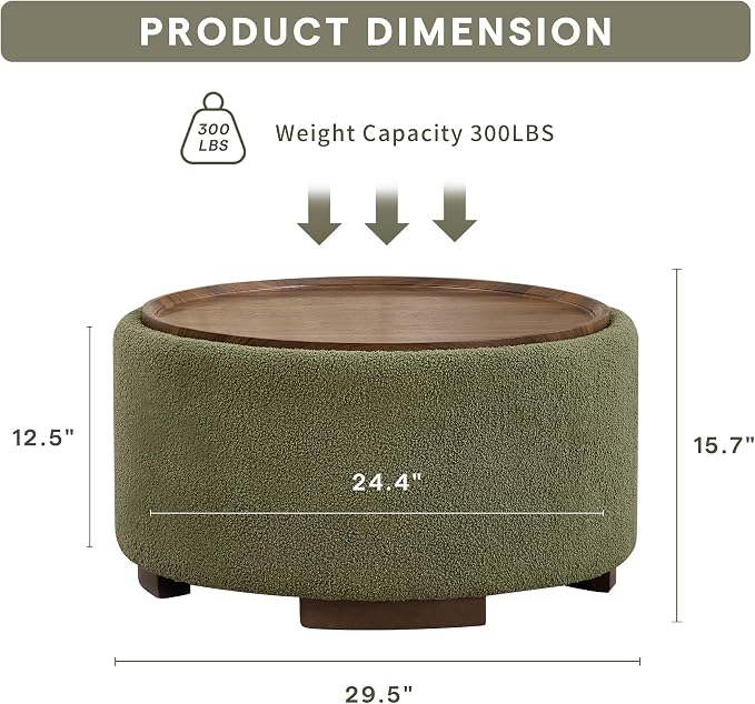29.5 Inch Round Storage Ottoman Coffee Table, Modern Circle Coffee Table - Image 2