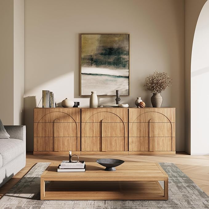 BELLEZE Sideboard Cabinet with 3 Drawers, Large Fluted Sideboard with Storage - Image 5