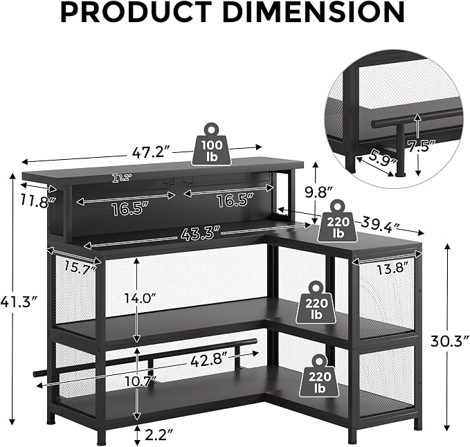 L-Shaped Home Bar Unit with Wine Glasses Holder and LED Light, Modern Bar Table - Image 2