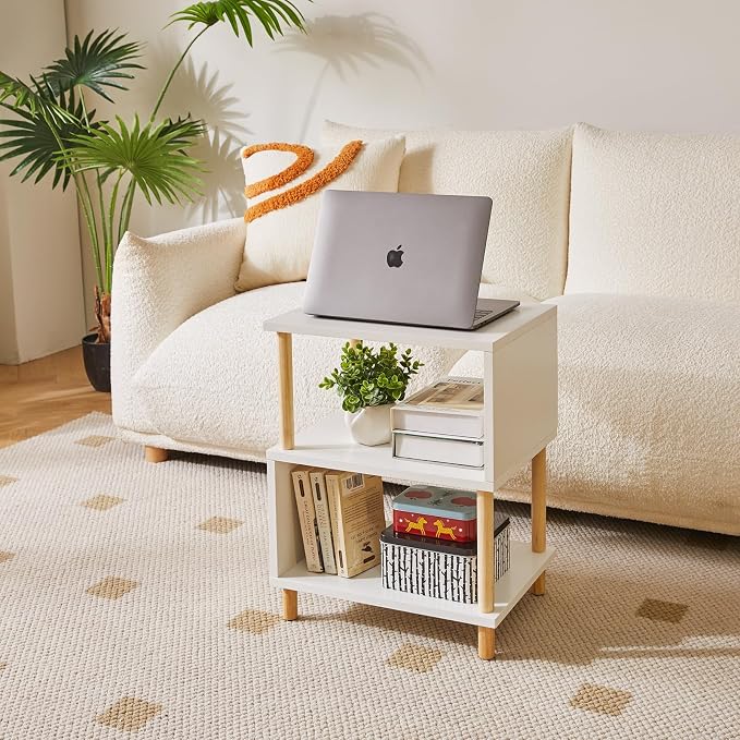 Aibiju White Night Stand with Open Storage Shelf, Wood Nightstand S Shape - Image 4