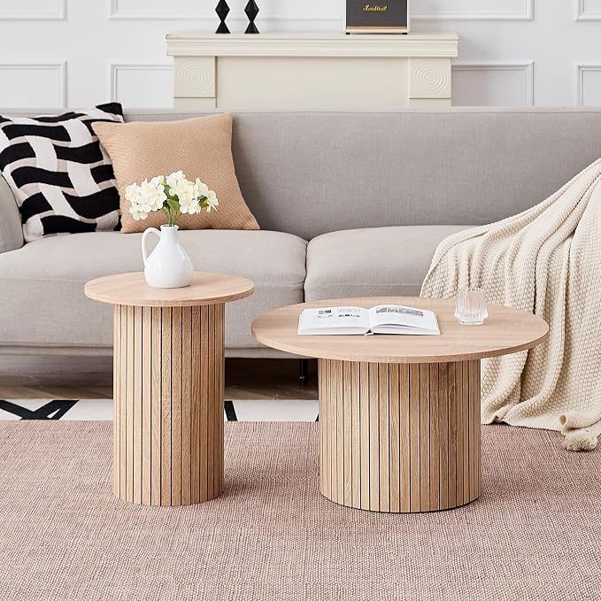 Round Nesting Coffee Table Set of 2 Mid Century Modern Wood Round Coffee Tables - Image 5
