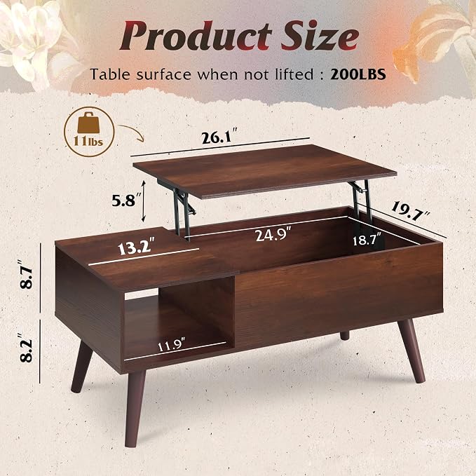 WLIVE Coffee Table for Living Room, Lift Top Coffee Table - Image 3