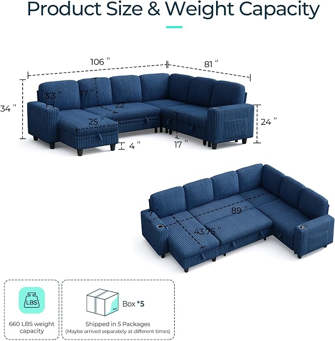 LINSY HOME Sectional Sofa with Pull Out Bed, 6 Seats Corduroy Reversible - Image 2