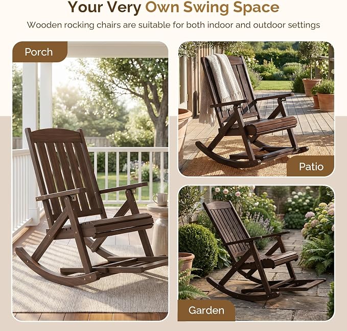VINGLI Wooden Porch Rocking Chair, Heavy Duty Outdoor Rocking Chair - Image 7