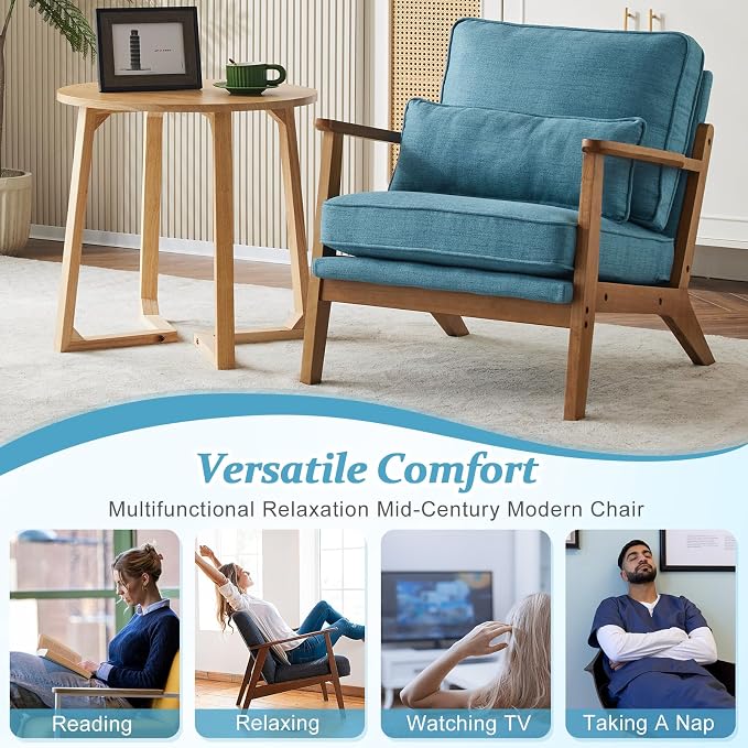 VINGLI Solid Wood Wide Armrests Accent Chair, Upholstered Mid Century Modern - Image 7