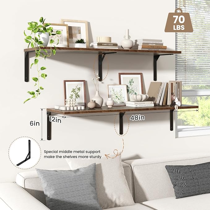 Fun Memories Rustic Brown 12 Inch Deep Floating Shelves Set of 2, Wall Mounted - Image 4