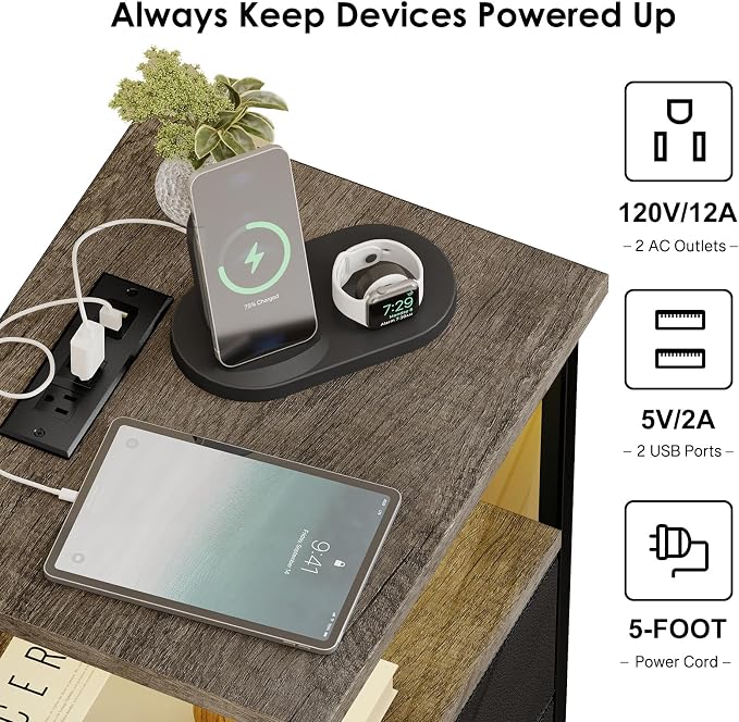 Fixwal Night Stand with Charging Station, LED Nightstand with U-S-B Ports and - Image 5
