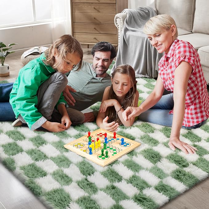 Area Rugs for Bedroom Living Room, 8x10 Green and White Fluffy Soft Checkered - Image 2