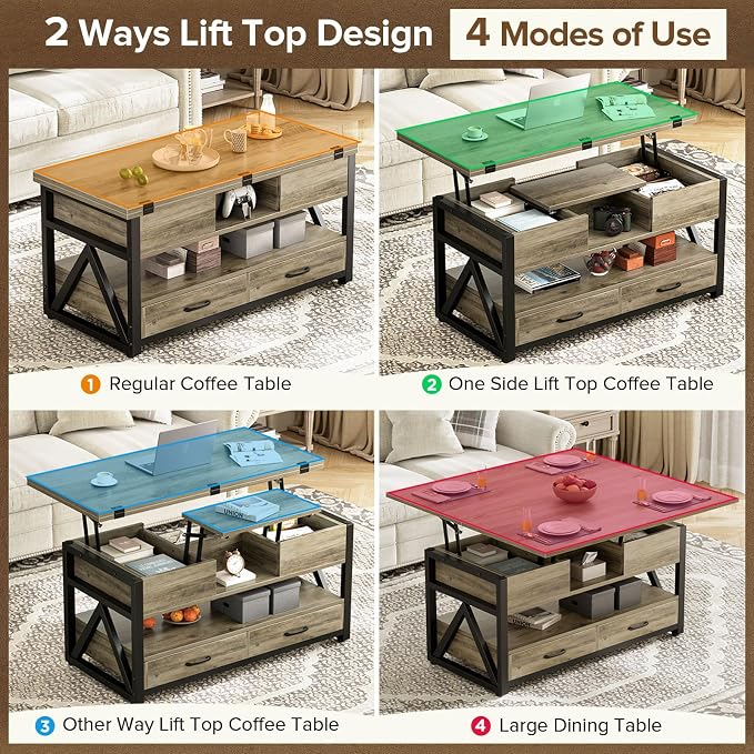 Memobarco 40" Lift Top Coffee Table, 4 in 1 Multi-Function Lift Coffee Tables - Image 3
