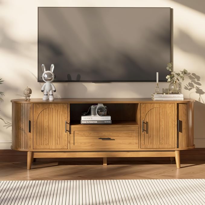 Mxtxmy 63" Fluted TV Stand for Tvs up to 70", Mid-Century Modern Entertainment by Mxtxmy