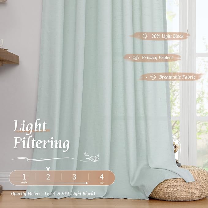 LAMIT Linen Curtains 63 Inch for Bedroom, Light Filtering Neutral Semi Sheer - Image 4