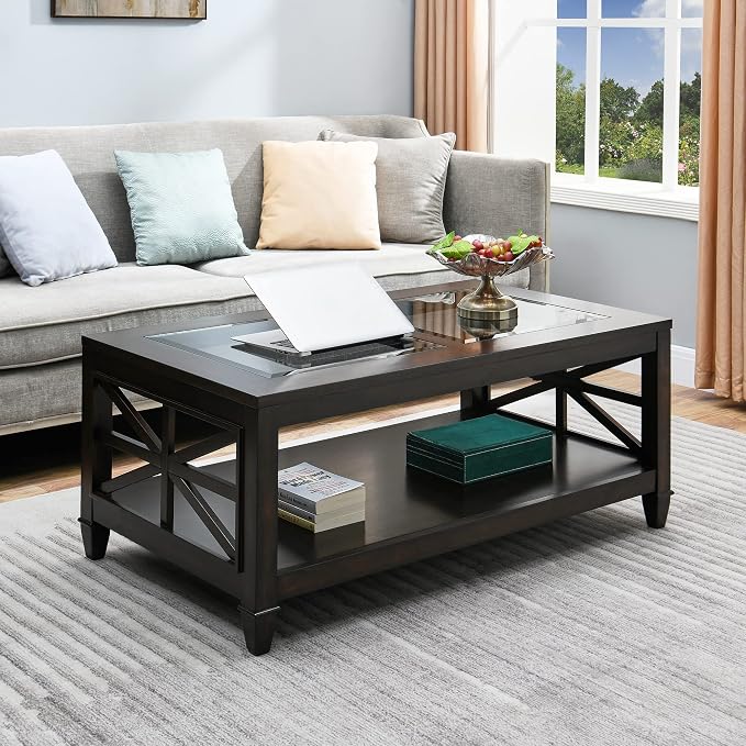 Solid Wood Coffee Table with Tempered Glass Top, 2-Tier 45.5" X 26" Farmhouse by JESONVID