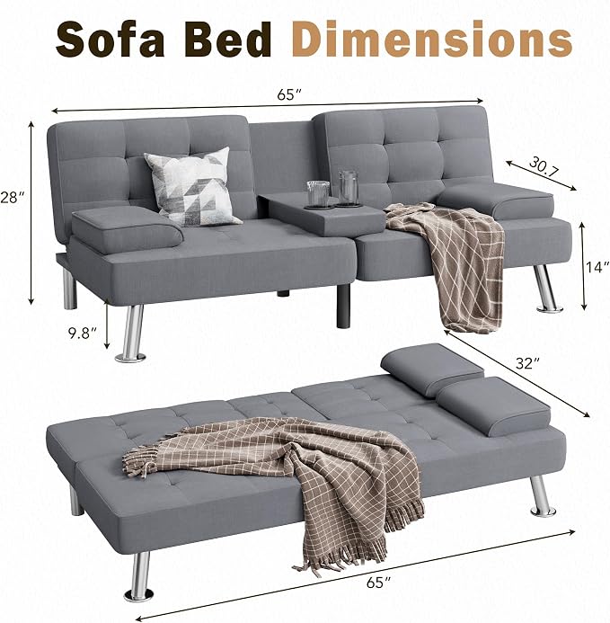 Shahoo Modern Linen Upholstered Convertible Folding Futon Sofa Bed - Image 2
