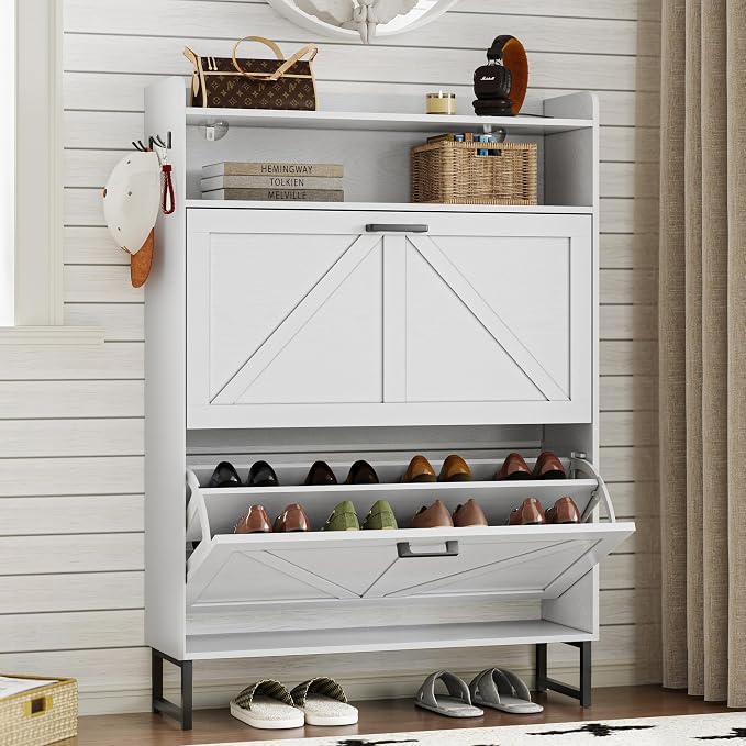 BORNOON Shoe Cabinet with 2 Flip Drawers Narrow Shoe Storage Cabinet Organizer by BORNOON