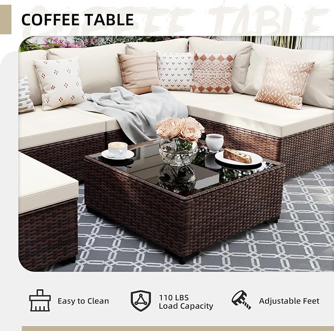 UPHA 7 Pieces Patio Furniture Sets, Wicker Outdoor Sectional Sofa Couch - Image 6