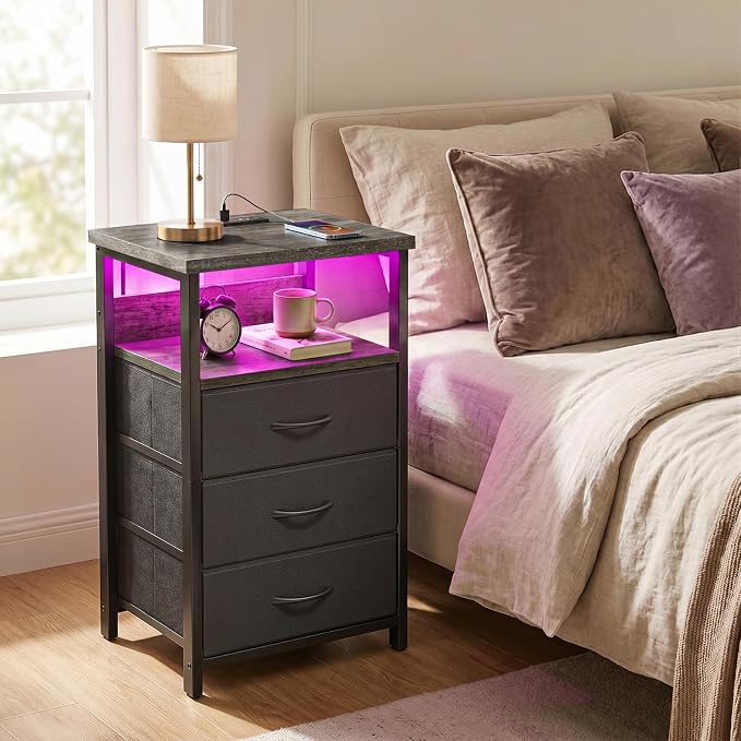 Fixwal Night Stand with Charging Station, LED Nightstand with U-S-B Ports and - Image 2