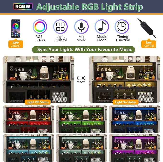 Loomie Wine Bar Cabinet with LED Light, Liquor Cabinet with Glass Holder - Image 6