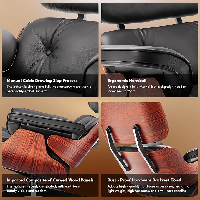 Top Black Grain Leather, Mid Century Chaise Lounge Chair and Ottoman, Modern - Image 7