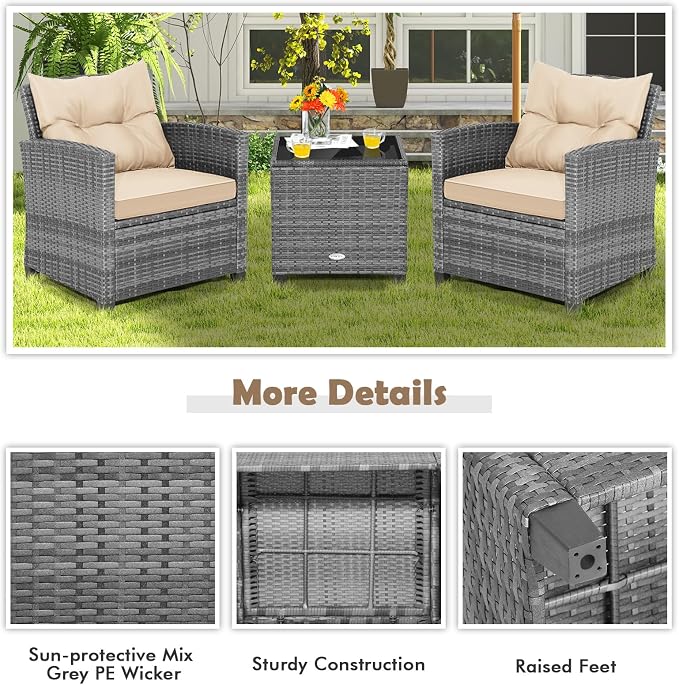 COSTWAY 3PCS Patio Furniture Set, PE Rattan Wicker Sofa w/Washable Cushion and - Image 7