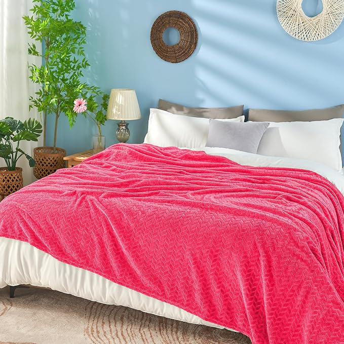 inhand Hot Pink Fleece Twin Blanket, Lightweight Leaves Pattern Fuzzy Blanket - Image 2
