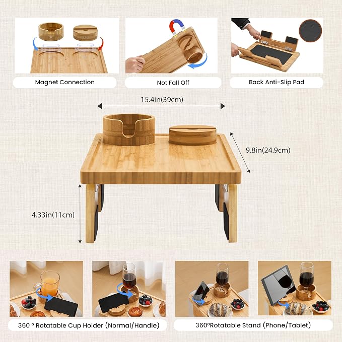 GEHE Real Bamboo Couch Armrest Table, 15.4"x9.8" Couch Arm Tray Table, 3 in 1 - Image 4
