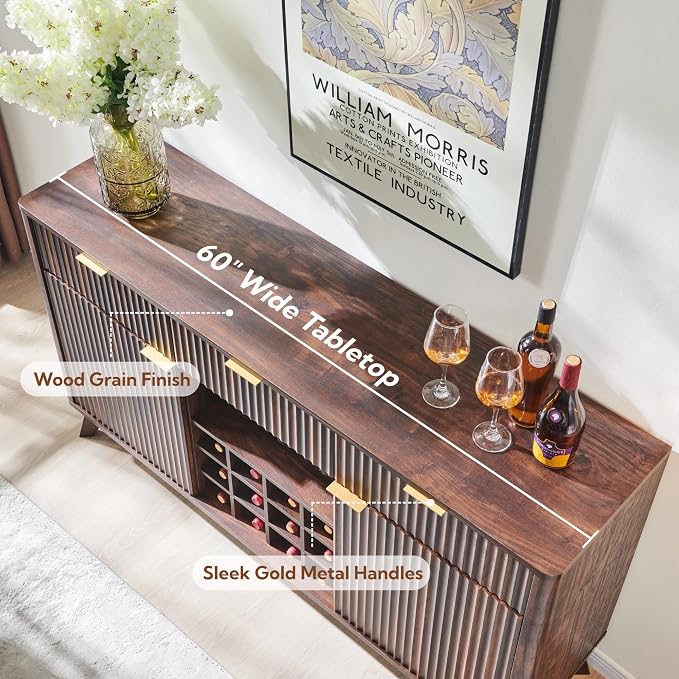 OKD Fluted Wine Bar Cabinet, 3 Drawers, 4 Glass Holders & 12 Wine Racks - Image 4