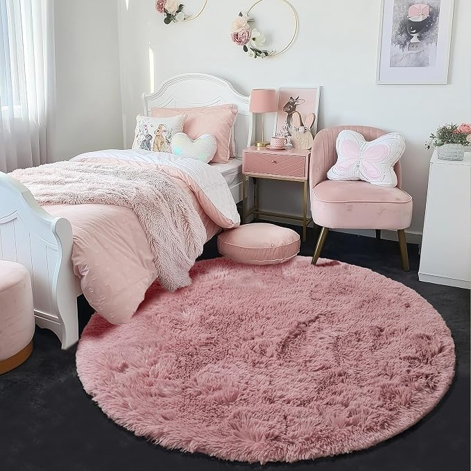 Blush Pink Big Round Rug 8Ft for Kids Bedroom, Large Fluffy Fuzzy Furry Circle - Image 6