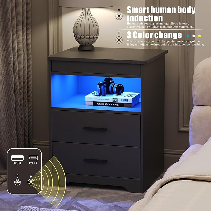 Nightstand with Gun Drawer, Charging Bedside Table with USB & Type-C Port - Image 4